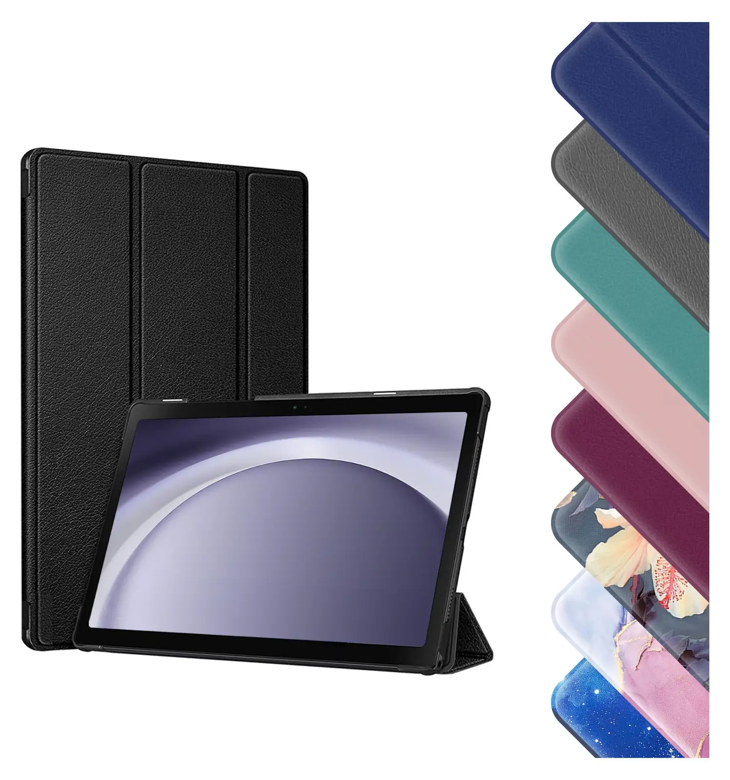 LBH TabGuard Tablethülle mit gefaltetem Cover als Ständer, daneben Farbvarianten